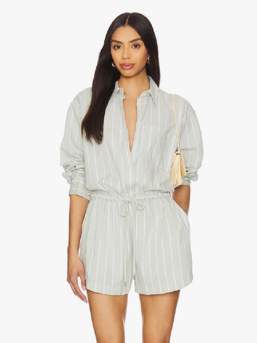 PISTOLA Amelie Long-sleeve Romper In Pistachio Stripe, Size XS
